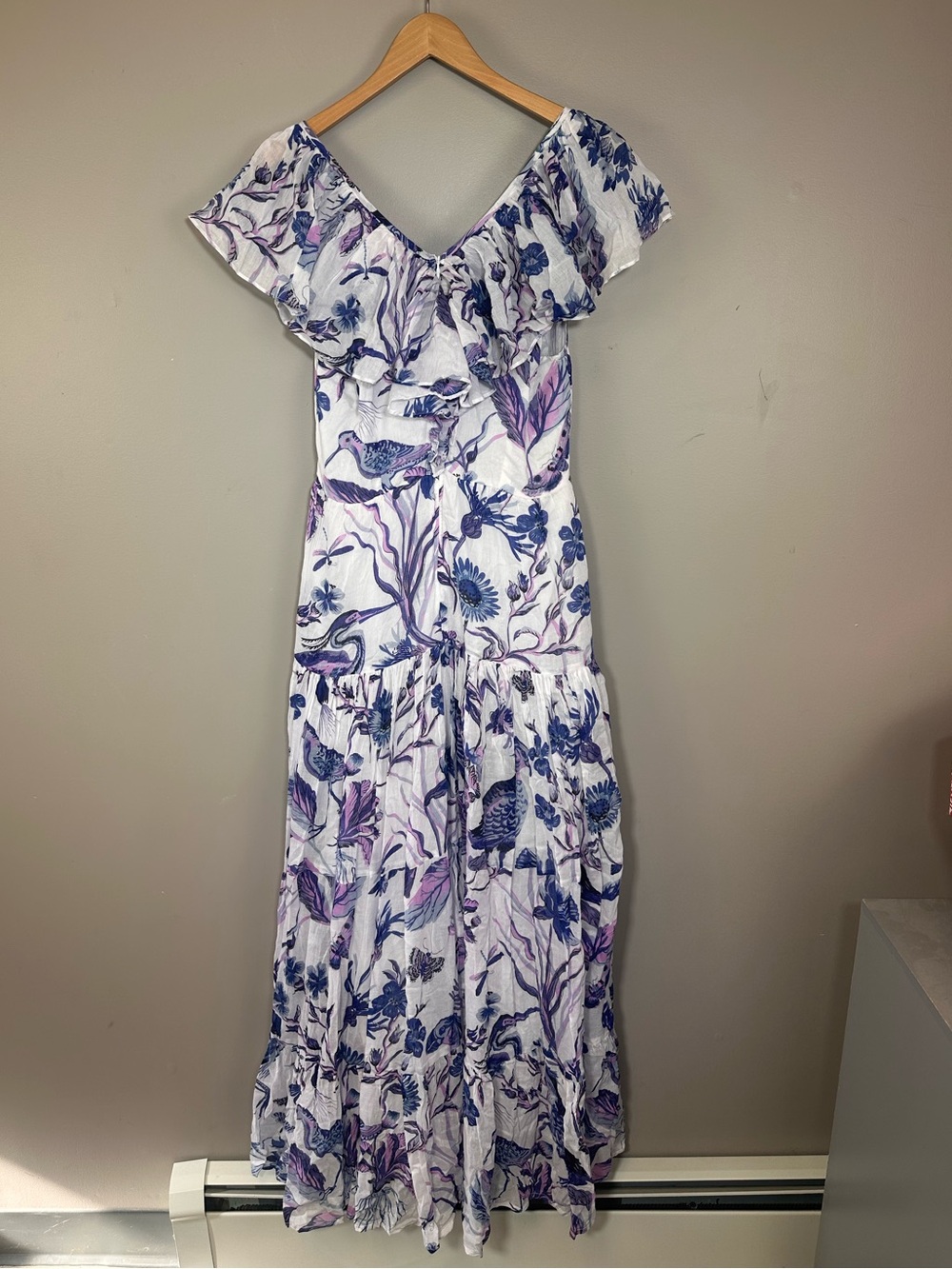 Banjanan White Maxi Dress with Blue Floral Print 100% Cotton Gladys - Picture 2 of 14